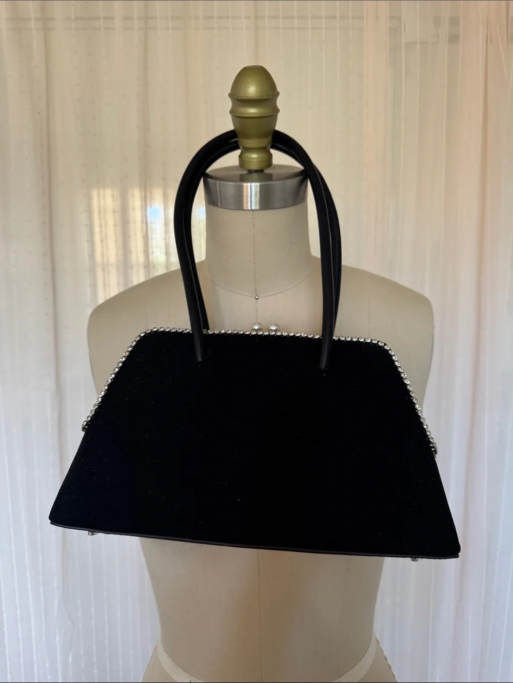 Elegant Black Top-Handle Satchel with Rhinestone Trim